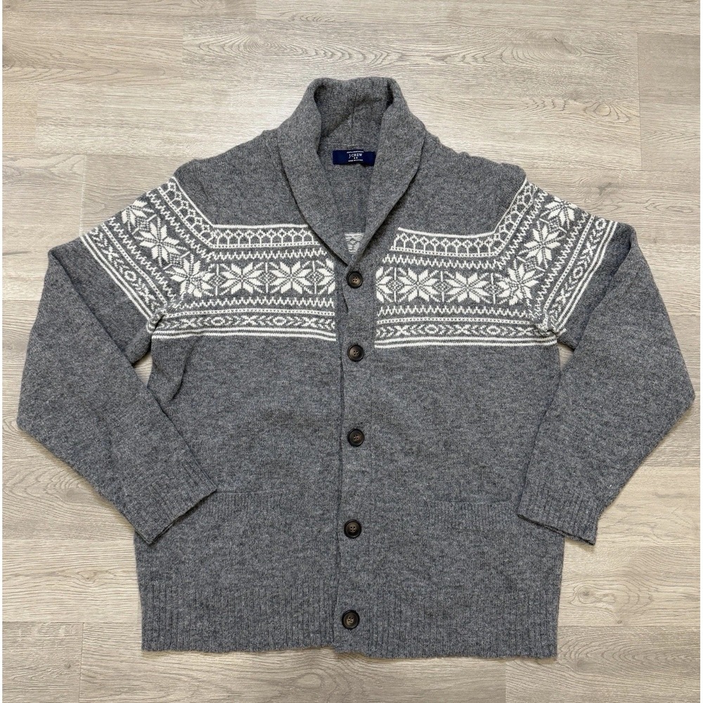J Crew Shawl Collar Cardigan Sweater Mens M Gray Fair Isle Nordic 100% Lambswool